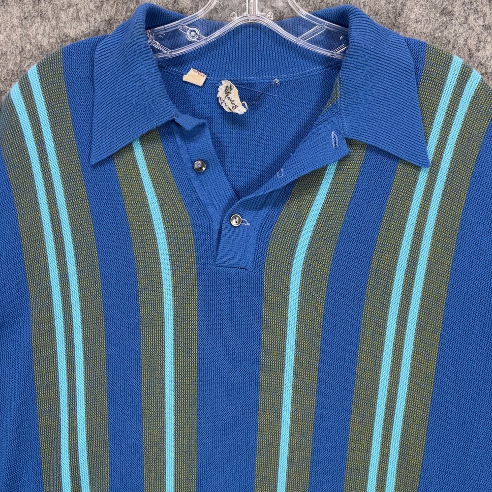 True Vintage 60s Knit Polo Shirt Johnny Collar Mens Large Blue Stripe Rockabilly - Picture 2 of 8